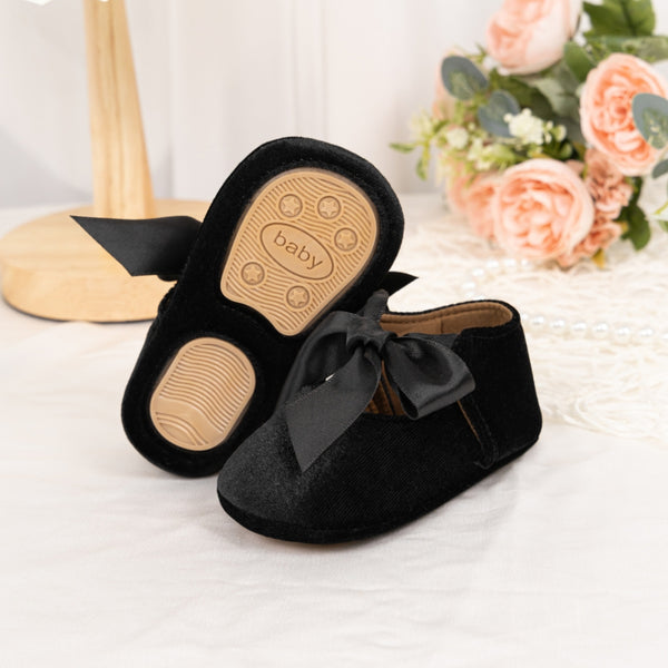 6 To 12 Months Newborn Baby Girls Belly Shoe Partywear Anti-Slip Sandal Booties (Black)-BT4570