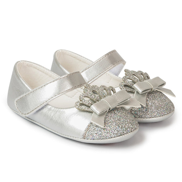 6 To 12 Months Newborn Baby Girls Belly Shoe Partywear Anti-Slip Sandal Booties (Silver)-BT4577