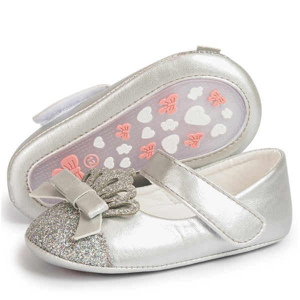6 To 12 Months Newborn Baby Girls Belly Shoe Partywear Anti-Slip Sandal Booties (Silver)-BT4577