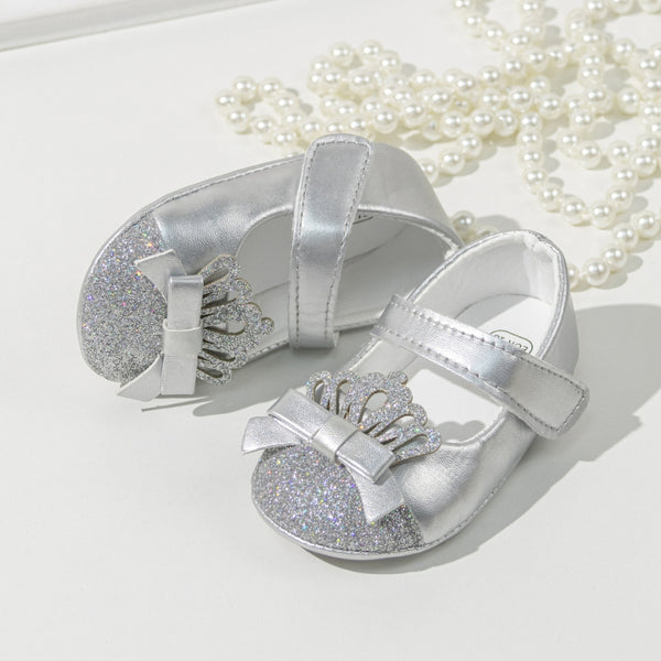 6 To 12 Months Newborn Baby Girls Belly Shoe Partywear Anti-Slip Sandal Booties (Silver)-BT4577