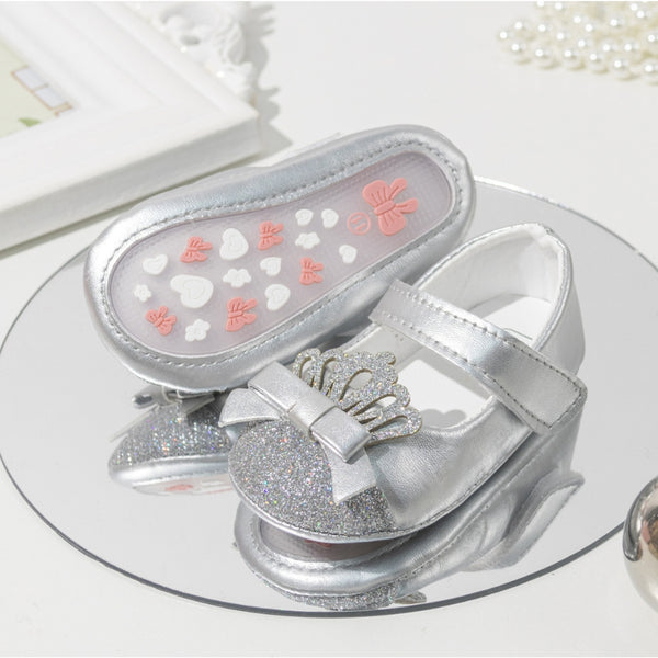 6 To 12 Months Newborn Baby Girls Belly Shoe Partywear Anti-Slip Sandal Booties (Silver)-BT4577