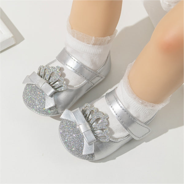 6 To 12 Months Newborn Baby Girls Belly Shoe Partywear Anti-Slip Sandal Booties (Silver)-BT4577
