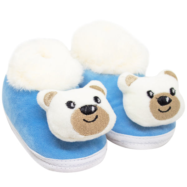 Baby Unisex Cotton and Fur Teddy Face White,Blue Lace Booties-BT457