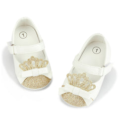 6 To 12 Months Newborn Baby Girls Belly Shoe Partywear Anti-Slip Sandal Booties (White)-BT4580