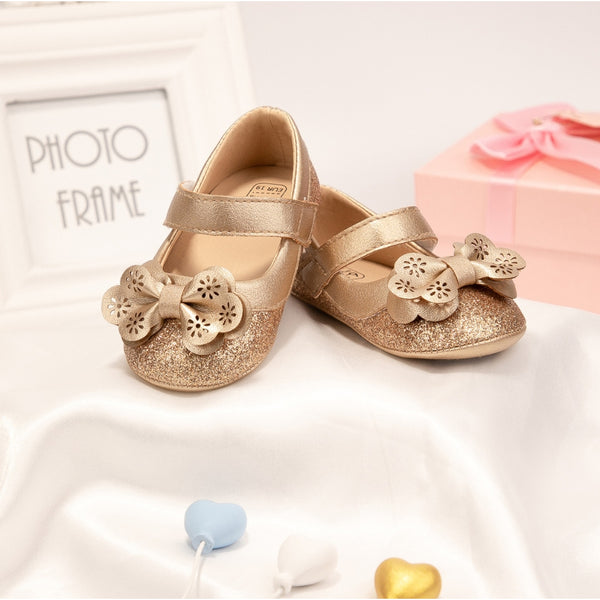 6 To 12 Months Newborn Baby Girls Belly Shoe Partywear Anti-Slip Sandal Booties (Gold)-BT4581