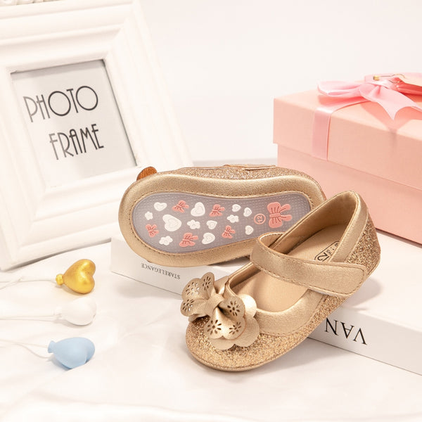6 To 12 Months Newborn Baby Girls Belly Shoe Partywear Anti-Slip Sandal Booties (Gold)-BT4581