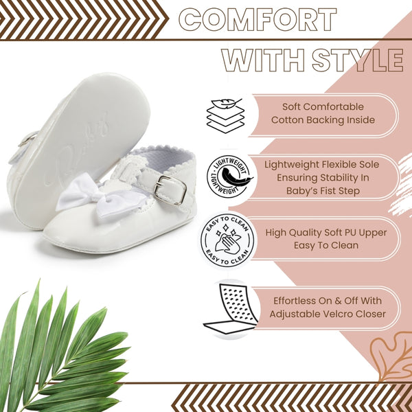 6 To 12 Months Newborn Baby Girls Belly Shoe Partywear Anti-Slip Sandal Booties (White)-BT4589