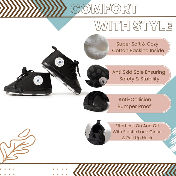 6 to 12 Months Baby Boys & Girls Canvas Shoes,Infant Non Slip Sole Lace Closure Booties (Black)-BT4594