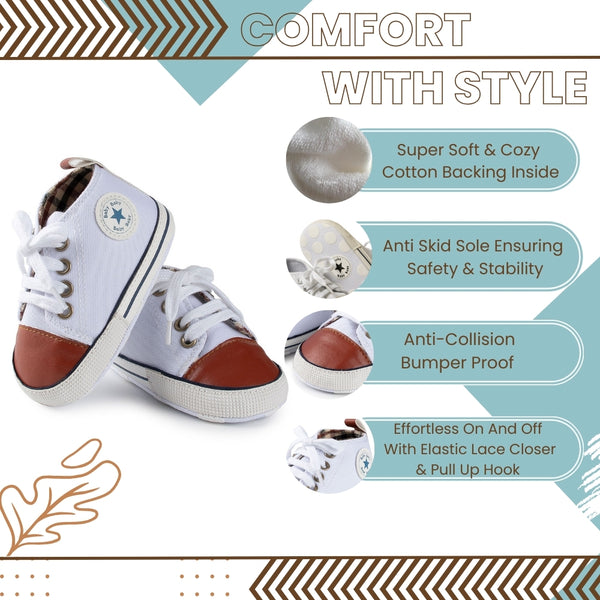 6 to 12 Months Baby Boys & Girls Canvas Shoes,Infant Non Slip Sole Lace Closure Booties (White)-BT4596