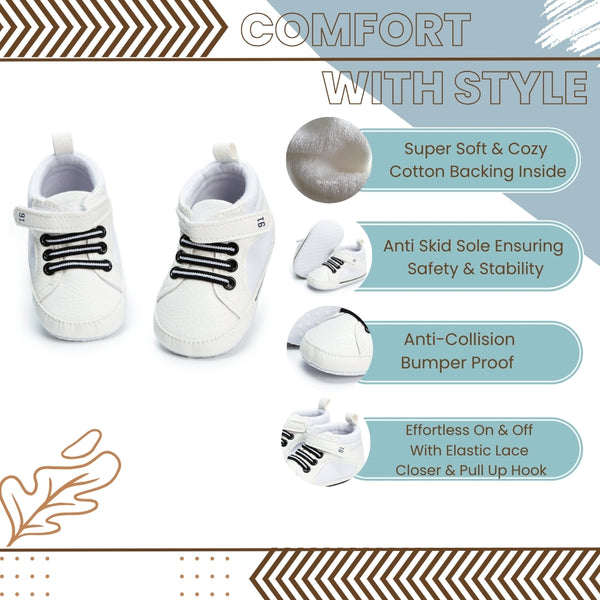 6 to 12 Months Baby Boys & Girls Synthetic Leather Shoes, High Ankle Velcro Booties (White)-BT4597