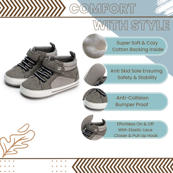 6 to 12 Months Baby Boys & Girls Synthetic Leather Shoes, High Ankle Velcro Booties (Grey)-BT4598