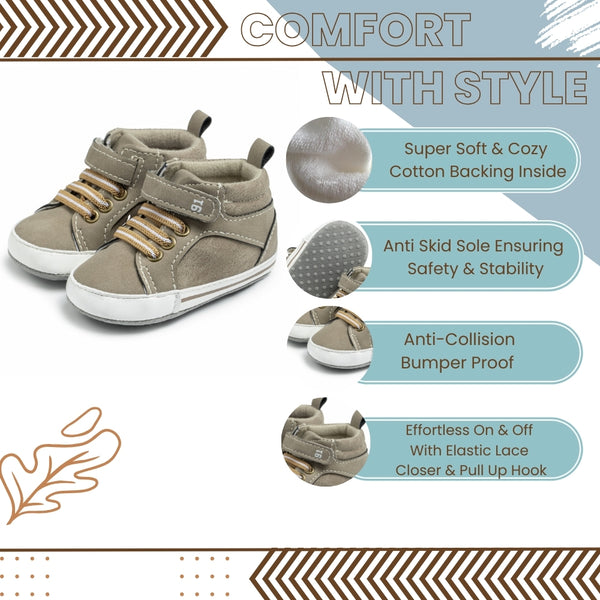 6 to 12 Months Baby Boys & Girls Synthetic Leather Shoes, High Ankle Velcro Booties (Beige)-BT4599