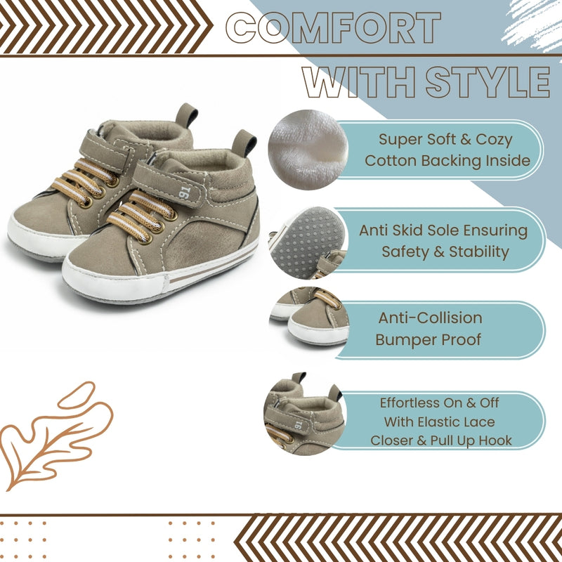6 to 12 Months Baby Boys & Girls Synthetic Leather Shoes, High Ankle Velcro Booties (Beige)-BT4599