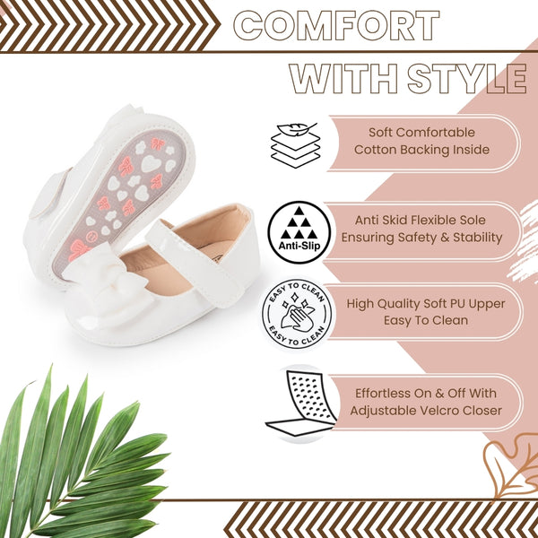 6 To 12 Months Newborn Baby Girls Belly Shoe Partywear Anti-Slip Sandal Booties (White)-BT4600