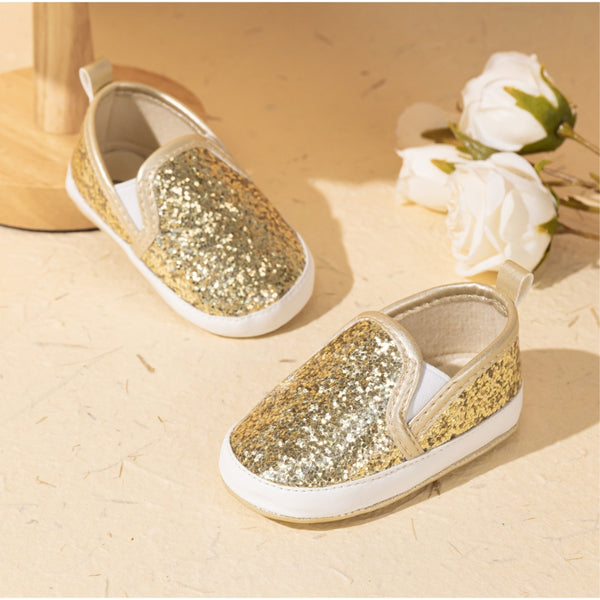 6 to 12 Months Baby Girls Shoes, Infant Non Slip Soft Sole Loafer, Slip On Booties (Gold)-BT4605
