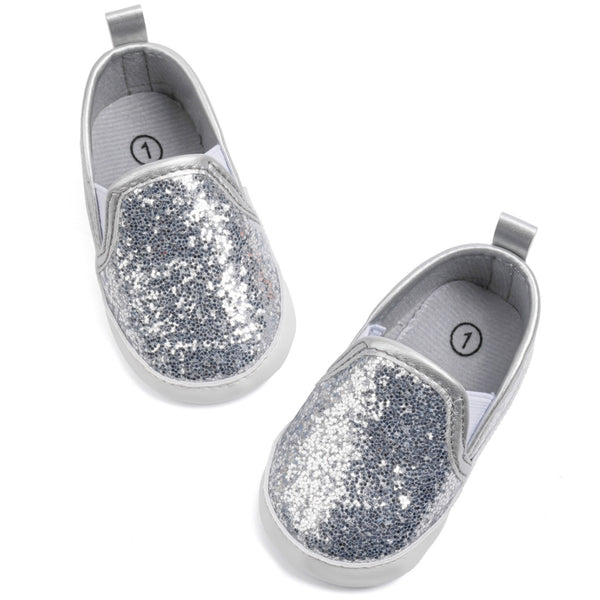 6 to 12 Months Baby Girls Shoes,Infant Non Slip Soft Sole Loafer, Slip On Booties (Silver)-BT4607