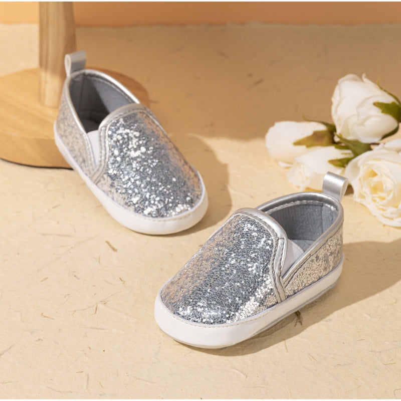 6 to 12 Months Baby Girls Shoes,Infant Non Slip Soft Sole Loafer, Slip On Booties (Silver)-BT4607