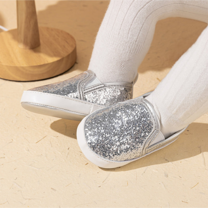 6 to 12 Months Baby Girls Shoes,Infant Non Slip Soft Sole Loafer, Slip On Booties (Silver)-BT4607