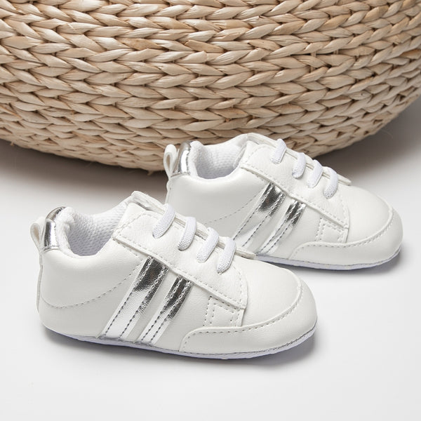 6 to 12 Months Baby Boys & Girls Synthetic Leather Shoes,Infant Non Slip Lace Booties (White,Silver)-BT4609