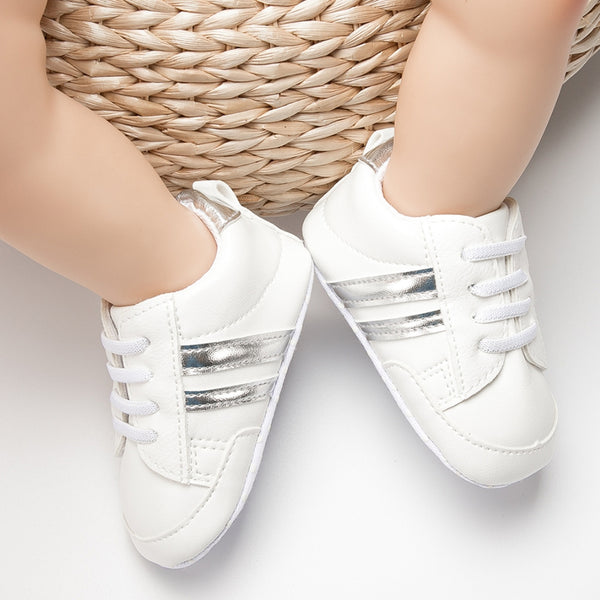 6 to 12 Months Baby Boys & Girls Synthetic Leather Shoes,Infant Non Slip Lace Booties (White,Silver)-BT4609