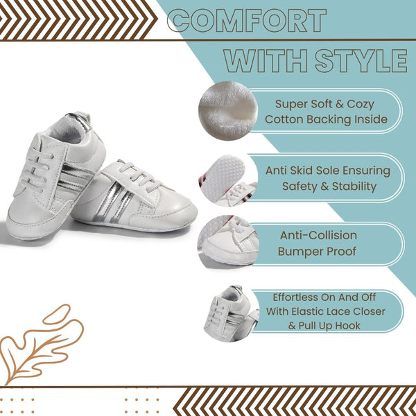 6 to 12 Months Baby Boys & Girls Synthetic Leather Shoes,Infant Non Slip Lace Booties (White,Silver)-BT4609