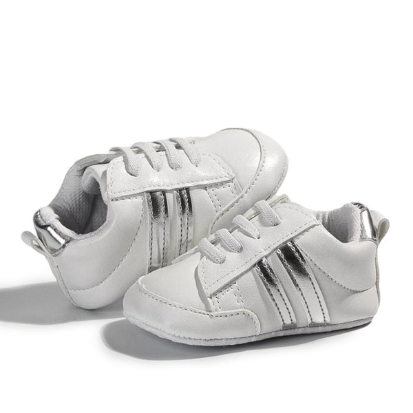 6 to 12 Months Baby Boys & Girls Synthetic Leather Shoes,Infant Non Slip Lace Booties (White,Silver)-BT4609