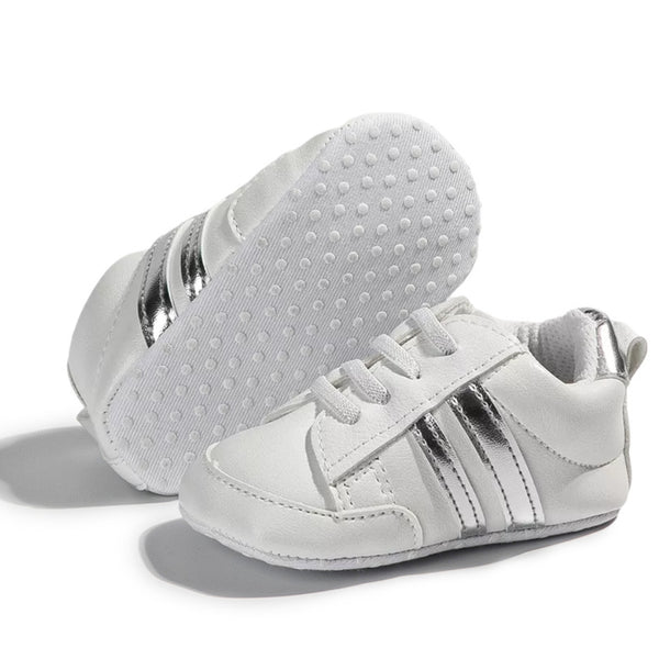 6 to 12 Months Baby Boys & Girls Synthetic Leather Shoes,Infant Non Slip Lace Booties (White,Silver)-BT4609