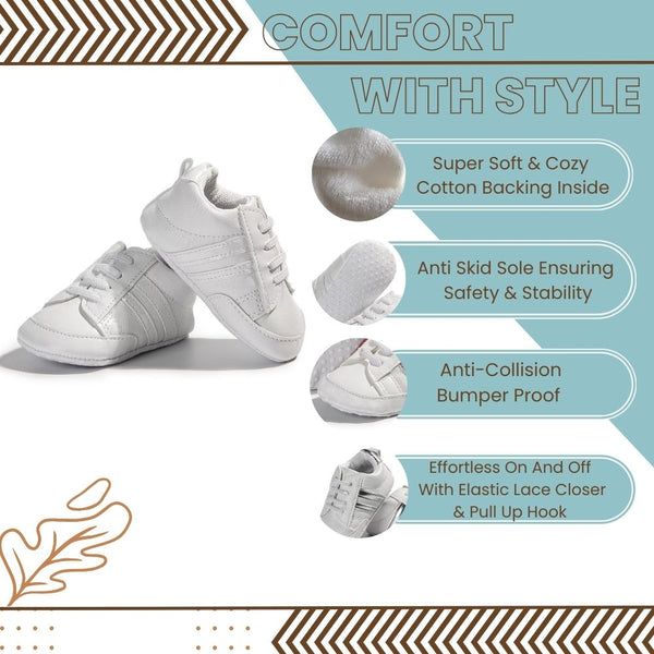 6 to 12 Months Baby Boys & Girls Synthetic Leather Shoes,Infant Non Slip Lace Booties (White)-BT4610