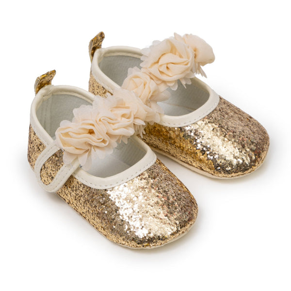 6 To 12 Months Newborn Baby Girls Belly Shoe Partywear Anti-Slip Sandal Booties (Gold)-BT4620