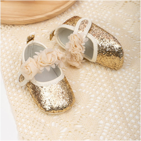 6 To 12 Months Newborn Baby Girls Belly Shoe Partywear Anti-Slip Sandal Booties (Gold)-BT4620