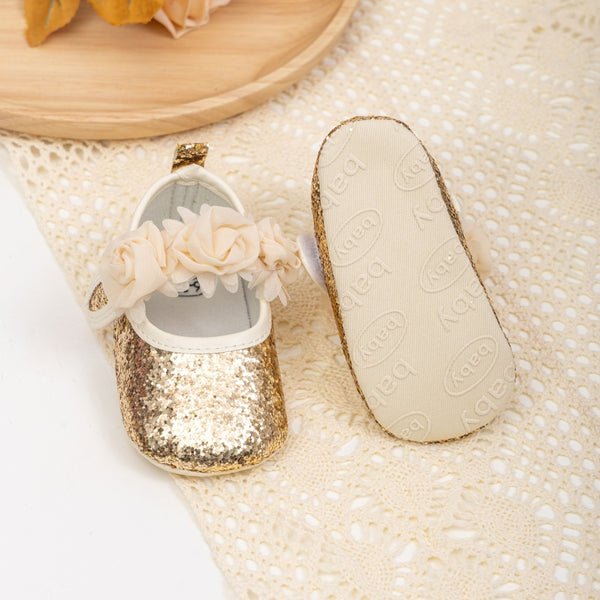 6 To 12 Months Newborn Baby Girls Belly Shoe Partywear Anti-Slip Sandal Booties (Gold)-BT4620