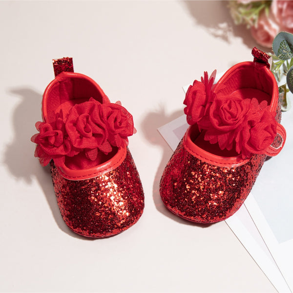 6 To 12 Months Newborn Baby Girls Belly Shoe Partywear Anti-Slip Sandal Booties (Red)-BT4621