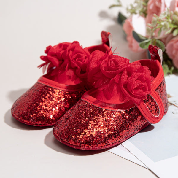 6 To 12 Months Newborn Baby Girls Belly Shoe Partywear Anti-Slip Sandal Booties (Red)-BT4621