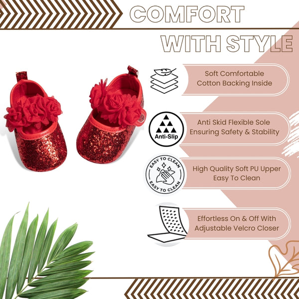 6 To 12 Months Newborn Baby Girls Belly Shoe Partywear Anti-Slip Sandal Booties (Red)-BT4621
