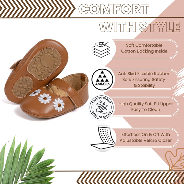 6 To 12 Months Newborn Baby Girls Belly Shoe Partywear Floral Anti-Slip Sandal Booties (Brown)-BT4625