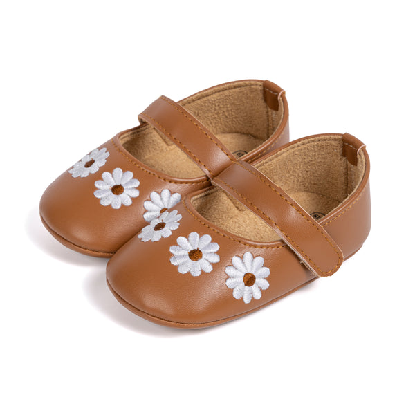 6 To 12 Months Newborn Baby Girls Belly Shoe Partywear Floral Anti-Slip Sandal Booties (Brown)-BT4625