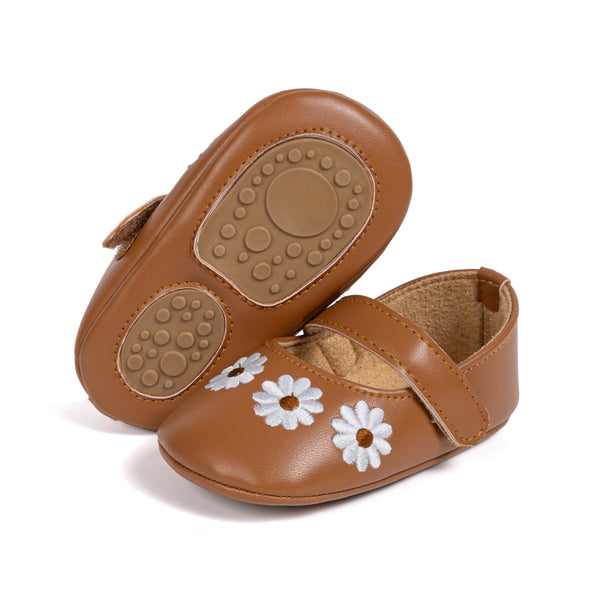 6 To 12 Months Newborn Baby Girls Belly Shoe Partywear Floral Anti-Slip Sandal Booties (Brown)-BT4625