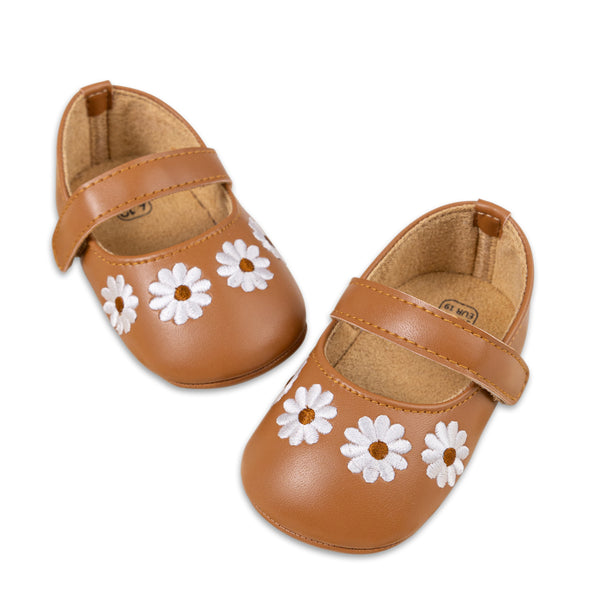 6 To 12 Months Newborn Baby Girls Belly Shoe Partywear Floral Anti-Slip Sandal Booties (Brown)-BT4625