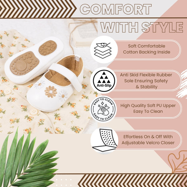 6 To 12 Months Newborn Baby Girls Belly Shoe Partywear Floral Anti-Slip Sandal Booties (White)-BT4626