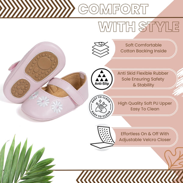 6 To 12 Months Newborn Baby Girls Belly Shoe Partywear Floral Anti-Slip Sandal Booties (Pink)-BT4627