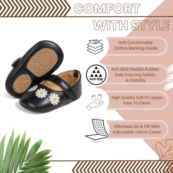6 To 12 Months Newborn Baby Girls Belly Shoe Partywear Floral Anti-Slip Sandal Booties (Black)-BT4628