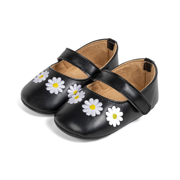 6 To 12 Months Newborn Baby Girls Belly Shoe Partywear Floral Anti-Slip Sandal Booties (Black)-BT4628