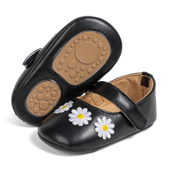 6 To 12 Months Newborn Baby Girls Belly Shoe Partywear Floral Anti-Slip Sandal Booties (Black)-BT4628
