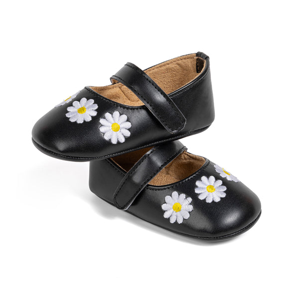 6 To 12 Months Newborn Baby Girls Belly Shoe Partywear Floral Anti-Slip Sandal Booties (Black)-BT4628