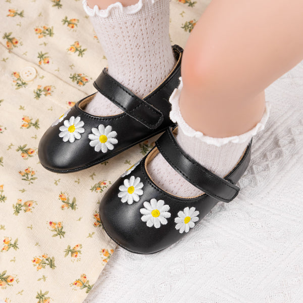 6 To 12 Months Newborn Baby Girls Belly Shoe Partywear Floral Anti-Slip Sandal Booties (Black)-BT4628