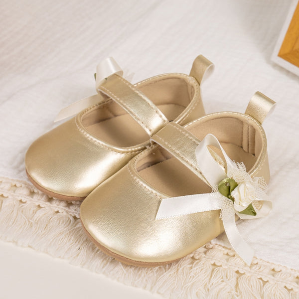 6 To 12 Months Newborn Baby Girls Belly Shoe Partywear Anti-Slip Sandal Booties (Gold)-BT4632