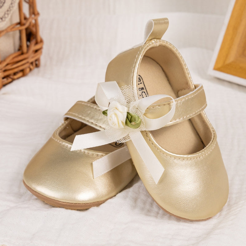 6 To 12 Months Newborn Baby Girls Belly Shoe Partywear Anti-Slip Sandal Booties (Gold)-BT4632