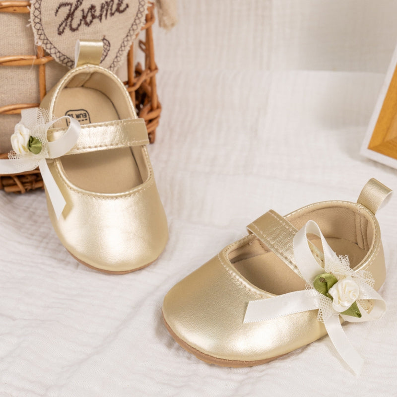 6 To 12 Months Newborn Baby Girls Belly Shoe Partywear Anti-Slip Sandal Booties (Gold)-BT4632