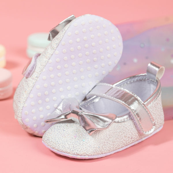 6 To 12 Months Newborn Baby Girls Belly Shoe Anti-Slip Sandal Booties (Silver)-BT4635
