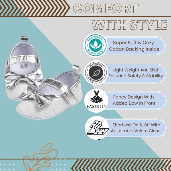 6 To 12 Months Newborn Baby Girls Belly Shoe Anti-Slip Sandal Booties (Silver)-BT4635